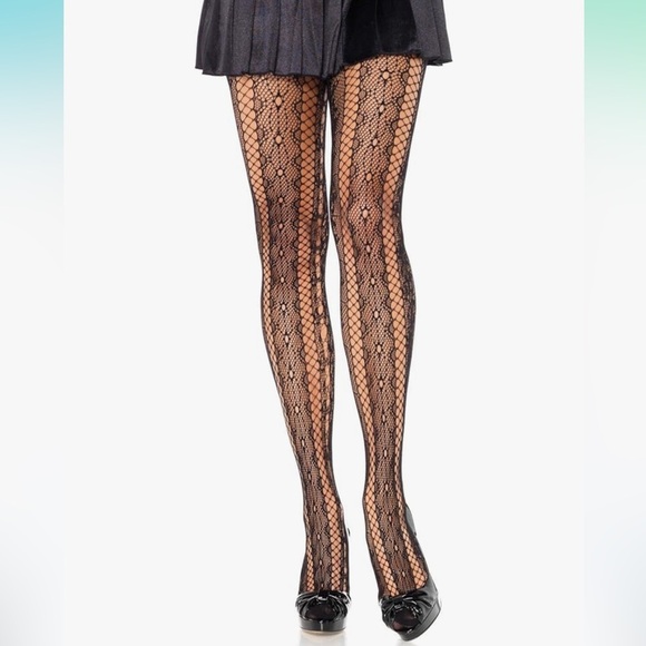 Leg Avenue Black Lattice Lace & Fishnet Striped Pantyhose – One Size - Picture 1 of 2